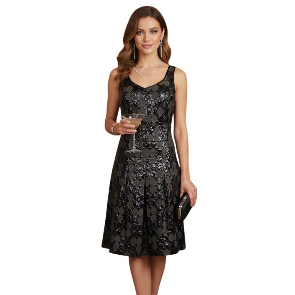 Etcetera Pleated Fit & Flare Cocktail Dress 4 Black Brown Circle Pattern Party